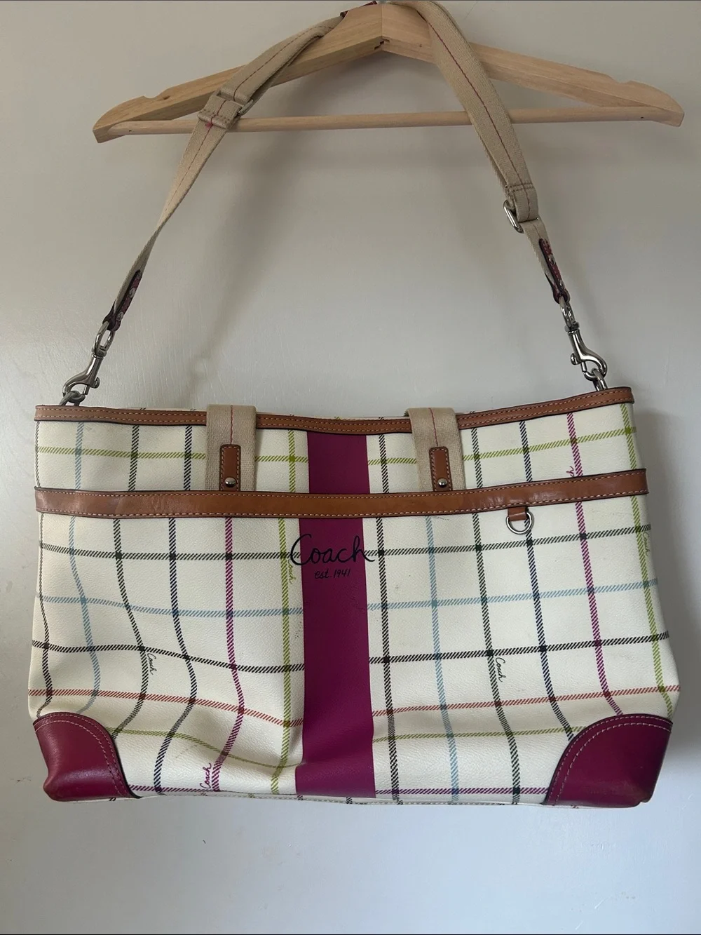 Coach Heritage Tattersall Cream Plaid Tote with Magenta Center Stripe